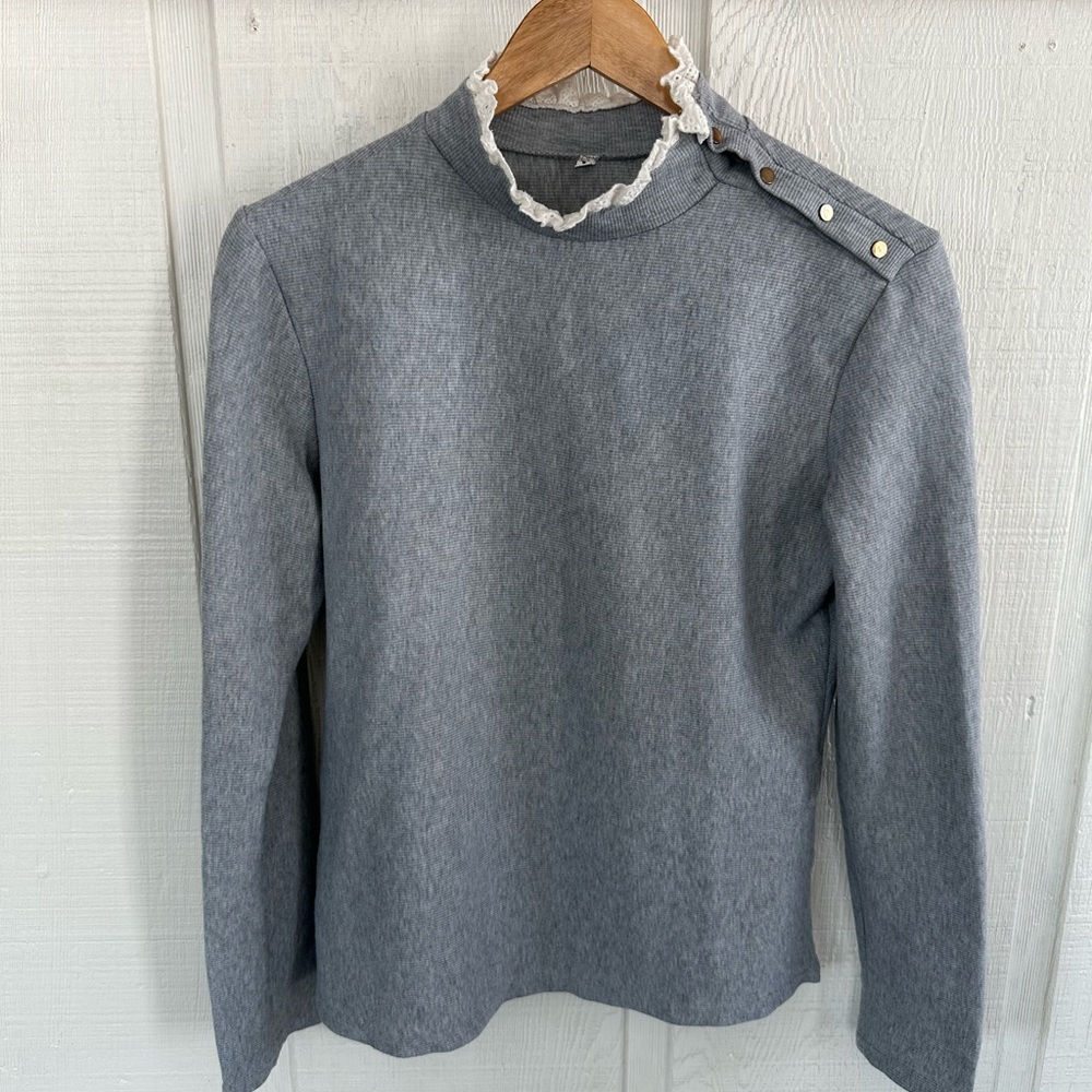 Amazon Coquette Gray Button-Shoulder Waffle Knit Shirt with Lace Ruffle Neck